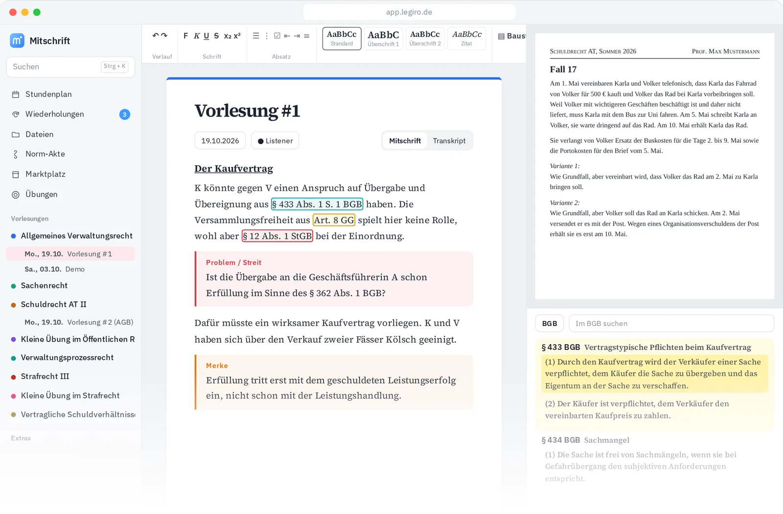 Der Editor von Mitschrift mit erkannten Normen und dem aufgeschlagenen § 433 BGB daneben
